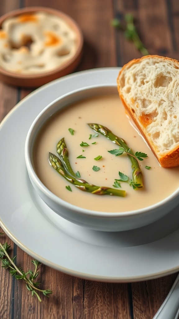 A bowl of creamy asparagus soup garnished with asparagus tips and parsley.