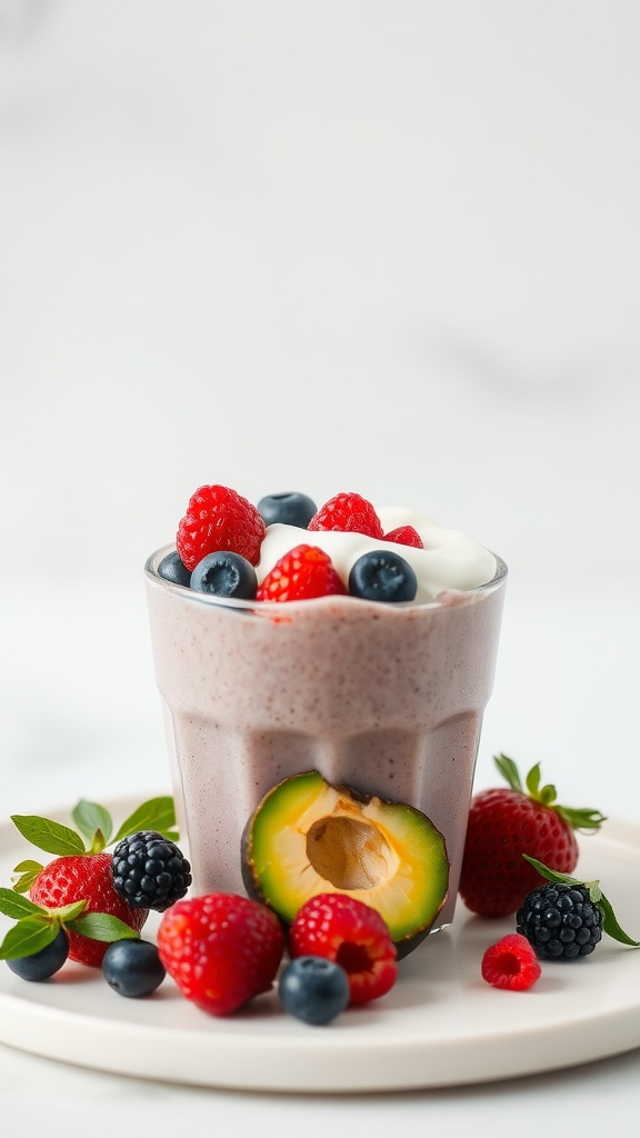 A creamy avocado berry smoothie bowl topped with fresh berries.