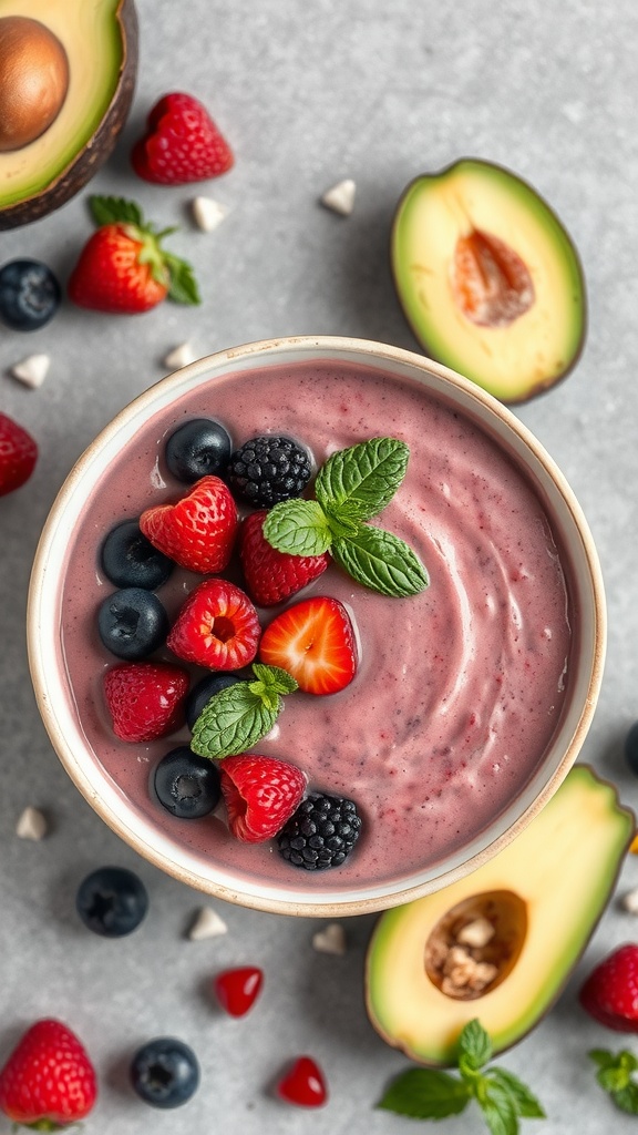 A creamy avocado berry smoothie topped with assorted berries and mint leaves, served in a bowl.