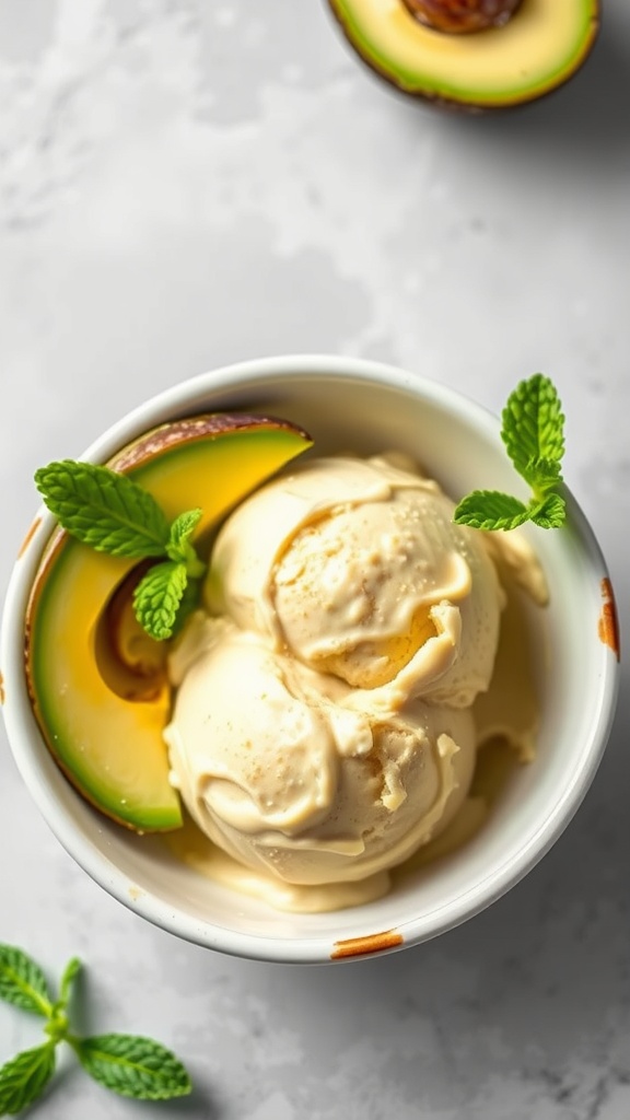 Creamy avocado keto ice cream served in a bowl with mint leaves and avocado slices