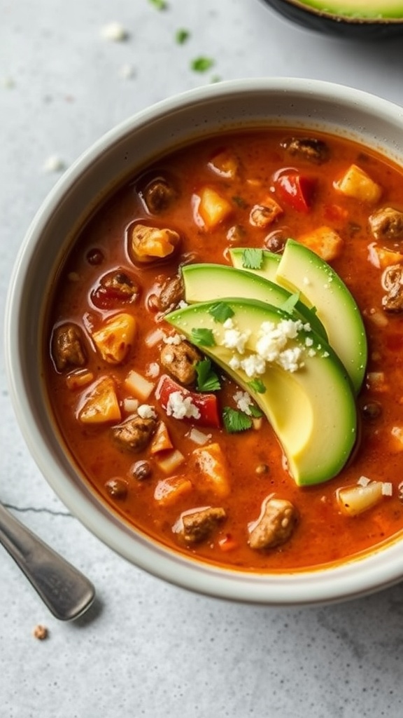 A bowl of keto taco soup topped with creamy avocado slices.