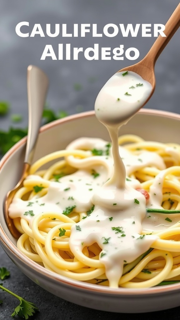 Creamy cauliflower alfredo sauce drizzled over pasta with parsley garnishing.