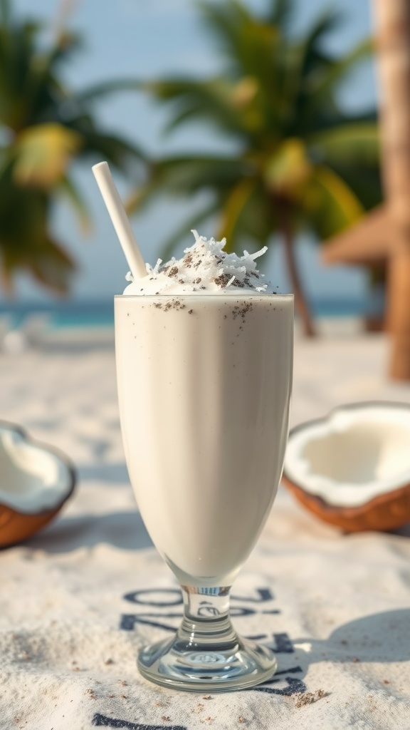 A creamy coconut smoothie topped with shredded coconut, sitting on a sandy beach with palm trees in the background.