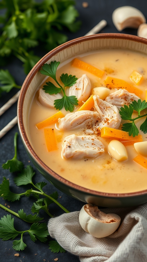 Bowl of creamy garlic chicken soup with chicken pieces, yellow peppers, and garlic cloves, garnished with parsley.