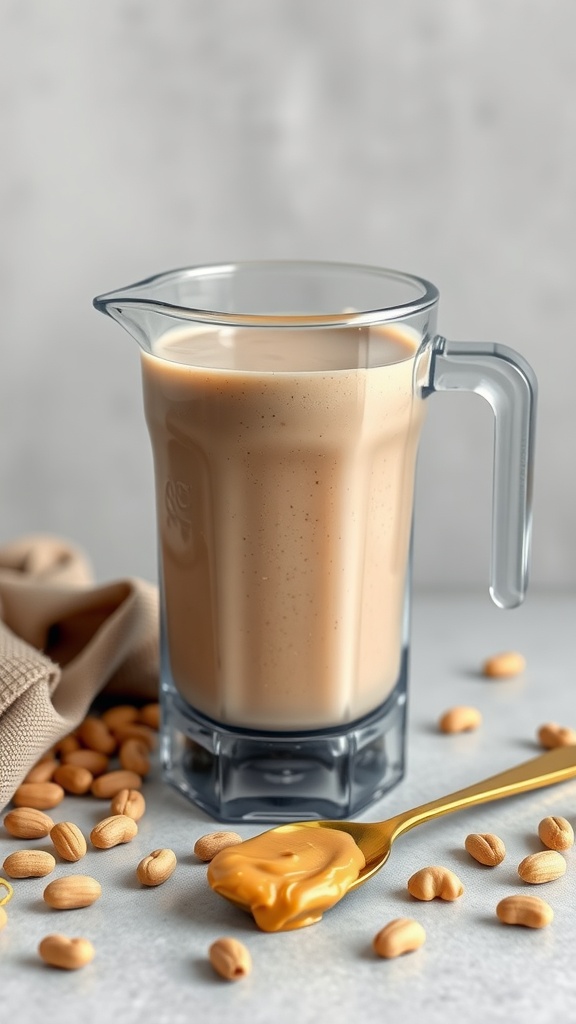 A creamy maca and peanut butter shake in a glass pitcher with peanuts scattered around.