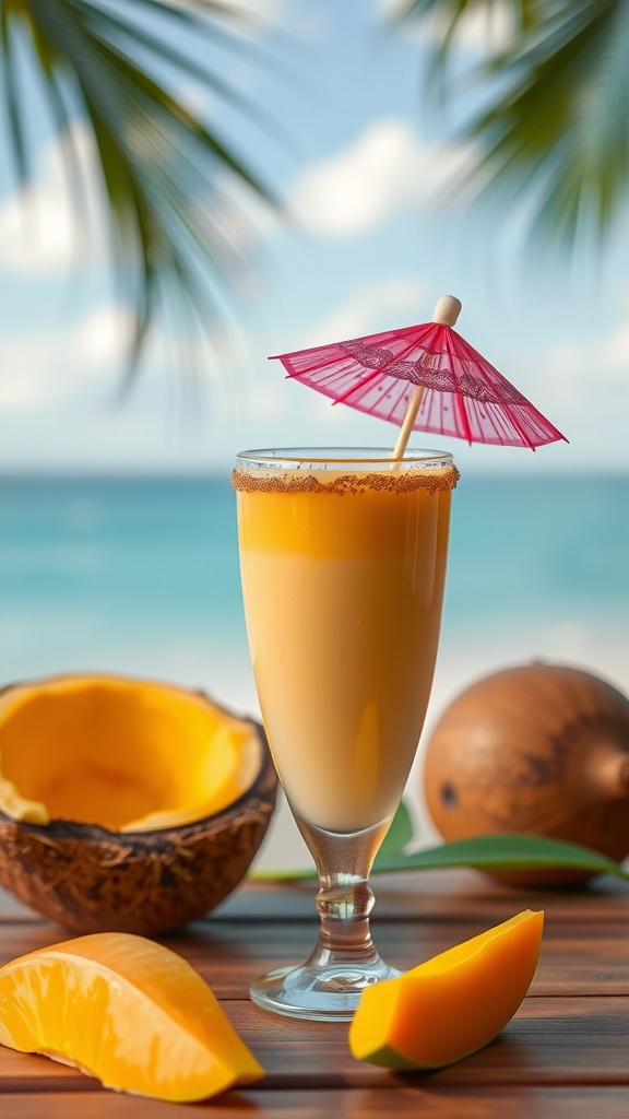 A refreshing creamy mango coconut smoothie served with a colorful umbrella.
