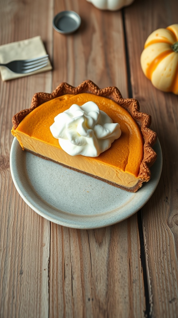 A slice of creamy pumpkin pie topped with whipped cream on a plate