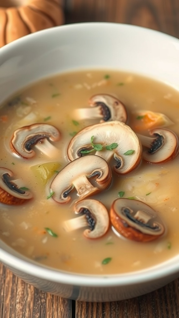 A bowl of creamy mushroom chicken soup with sliced mushrooms on top