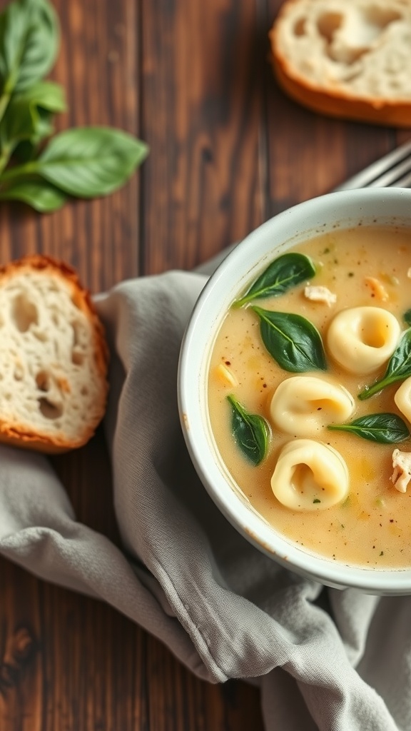 A bowl of creamy tortellini chicken soup with fresh basil leaves and slices of bread