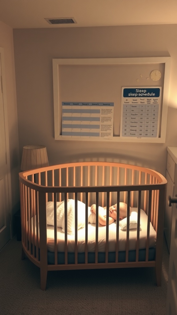 A cozy nursery with a baby peacefully sleeping in a crib, and a sleep schedule chart on the wall.