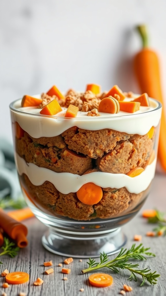 A layered carrot cake trifle with cream cheese frosting, garnished with carrot pieces.