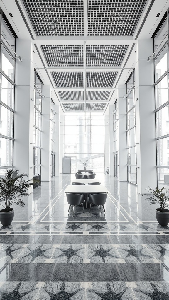 A modern interior space with large windows, sleek furniture, and a stylish floor design.