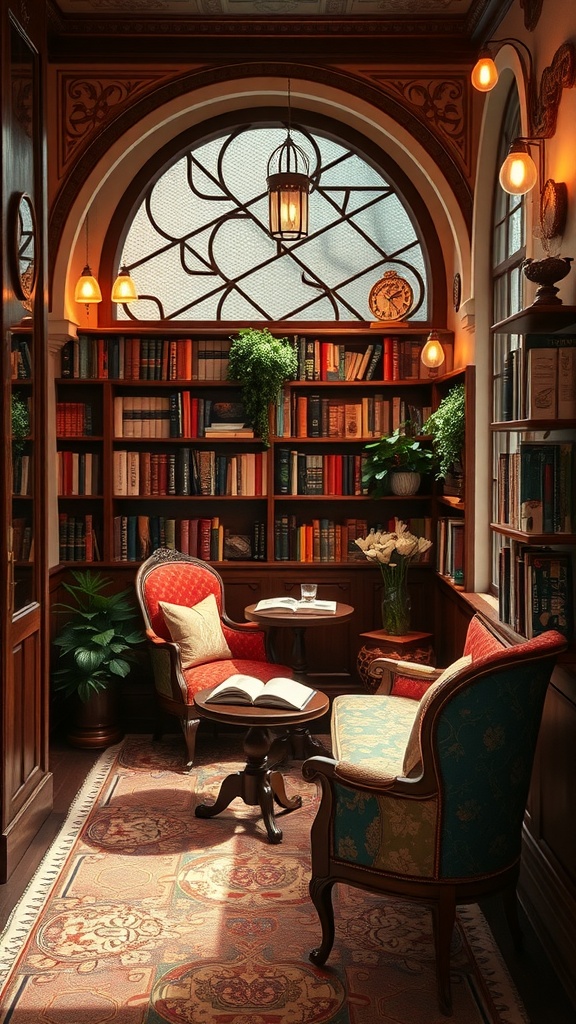 A cozy Art Nouveau interior nook with bookshelves, elegant furniture, and warm lighting.