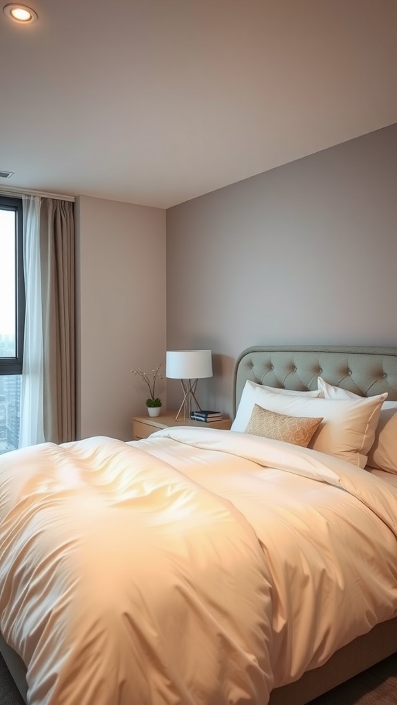 A cozy bedroom with soft bedding, warm lighting, and a touch of greenery.