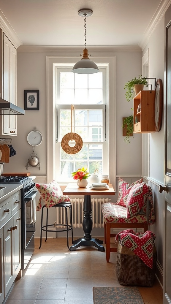 A small kitchen featuring a cozy breakfast nook with a wooden table, patterned cushions, and window light.