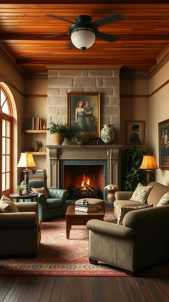 Cozy colonial living room with a fireplace and warm lighting