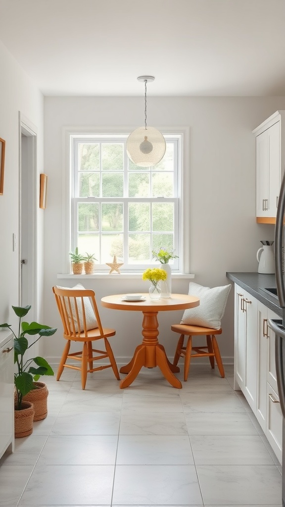 A cozy kitchen nook with a round table, wooden chairs, and plants by the window.