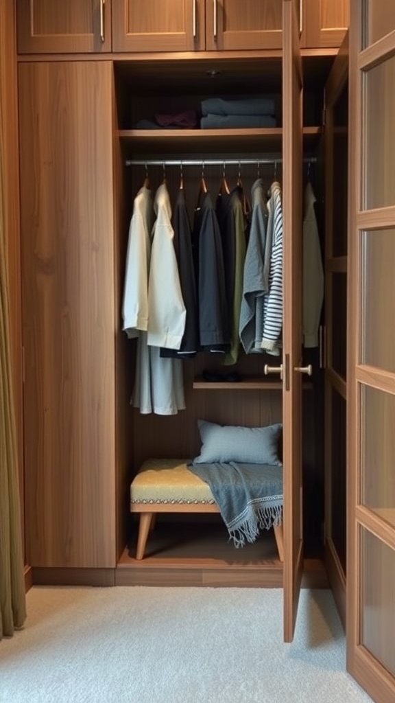 Interior of a wooden wardrobe with clothes hanging, a small bench, and a cozy blanket.