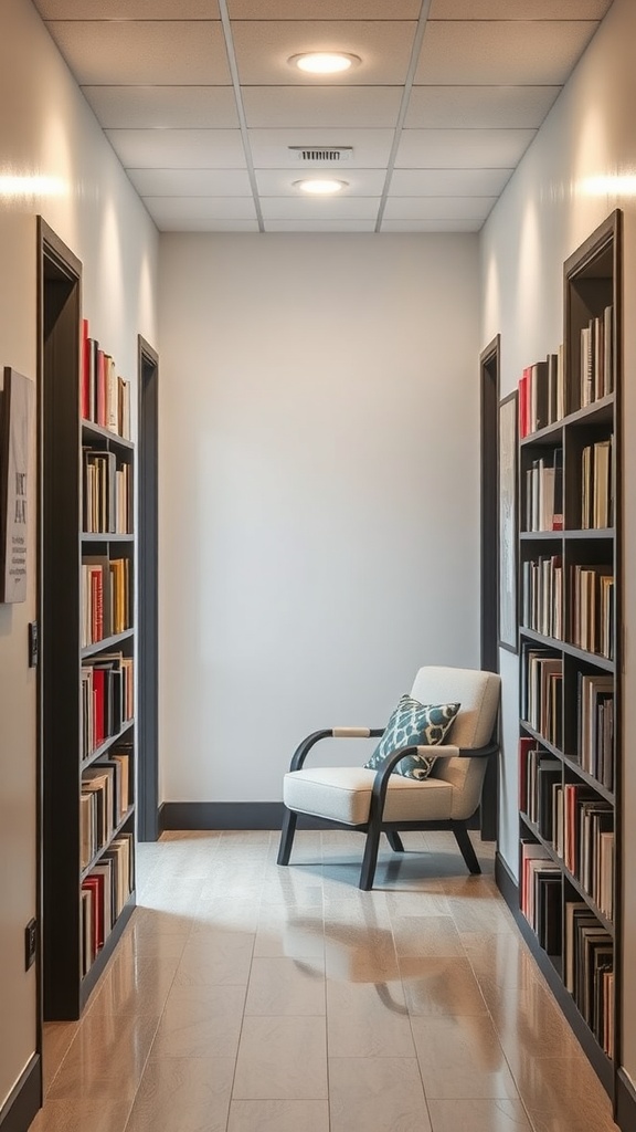 A cozy reading nook in a hallway with bookshelves and a comfortable chair.