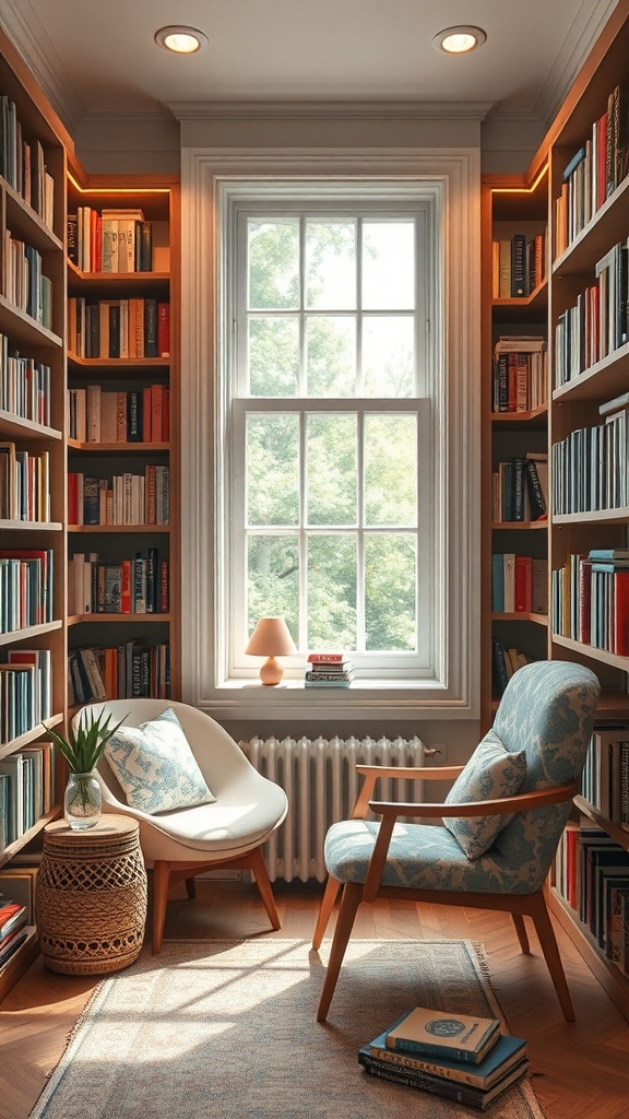 A cozy reading nook with a chair, bookshelves, and a window.