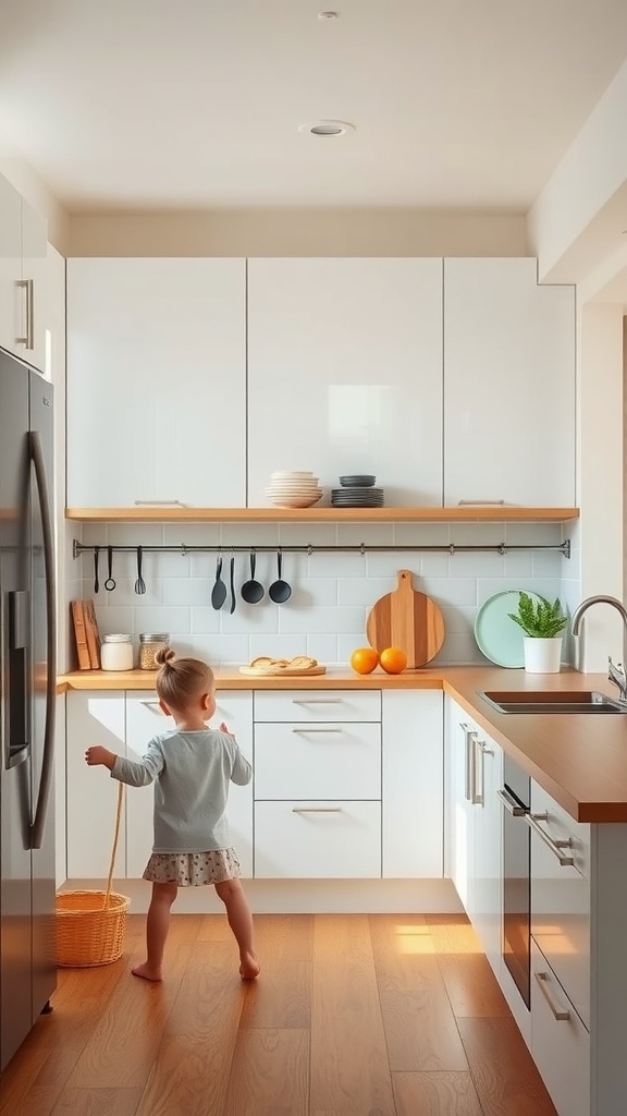A child exploring a bright and tidy kitchen, showcasing a simple and family-oriented design.