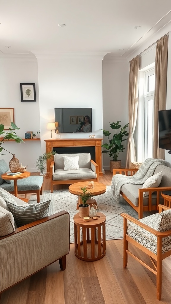 A family-friendly living room with comfortable seating, plants, and warm lighting.