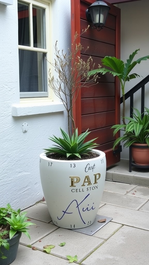 A decorative planter with a small tree and succulents on a patio.
