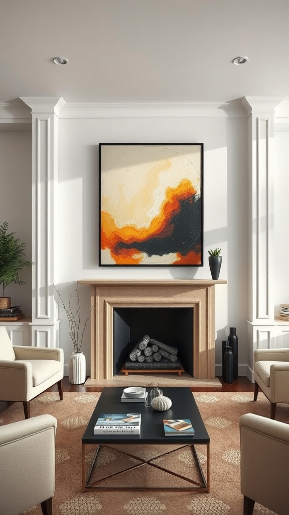 A modern living room with a large abstract painting above the fireplace.