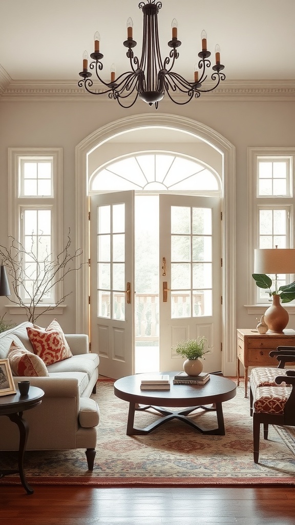 Interior space featuring French doors, chandelier, and a cozy seating area.