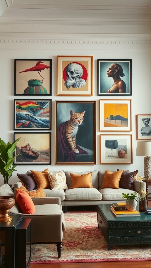 A gallery wall featuring various framed artworks above a stylish sofa, enhancing the modern classic interior.