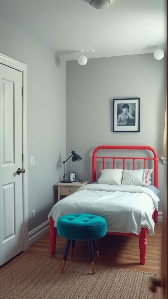 A small bedroom featuring a bright red bed and a teal stool, creating a focal point.