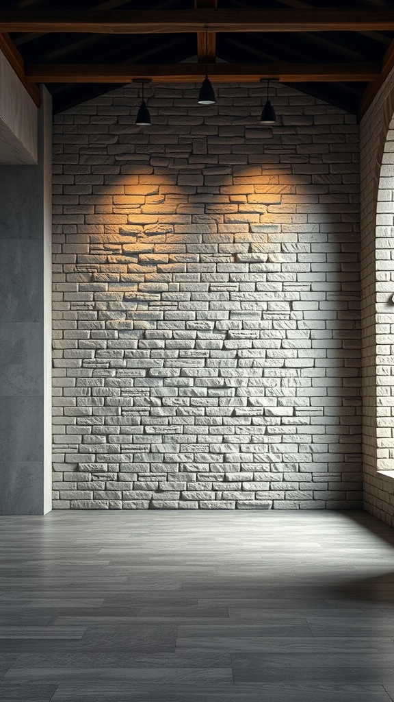 A well-lit stone wall in a modern interior with wooden beams.