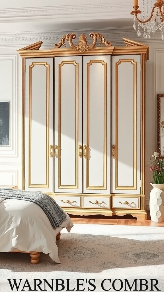 A beautifully designed wardrobe with elegant details in a stylish bedroom setting.