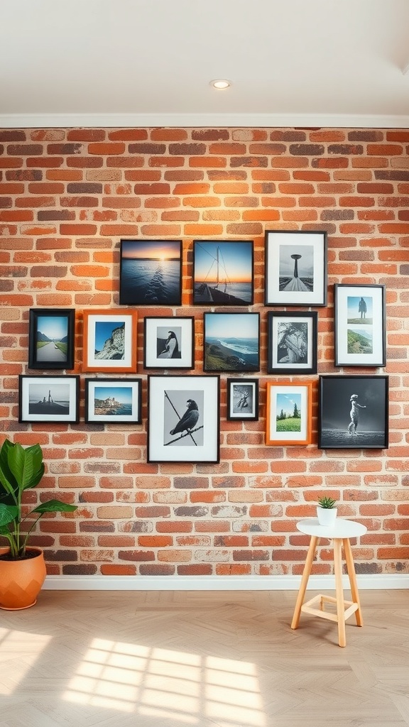 Gallery wall with various framed photos on a brick wall in a living room