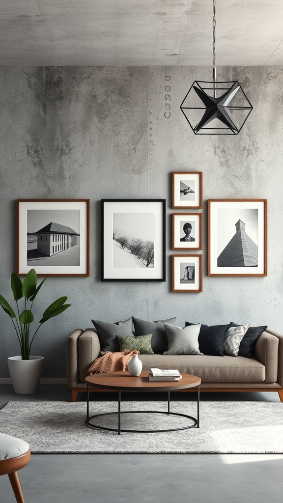 A cozy living room with a concrete wall showcasing a gallery of black and white framed artworks.