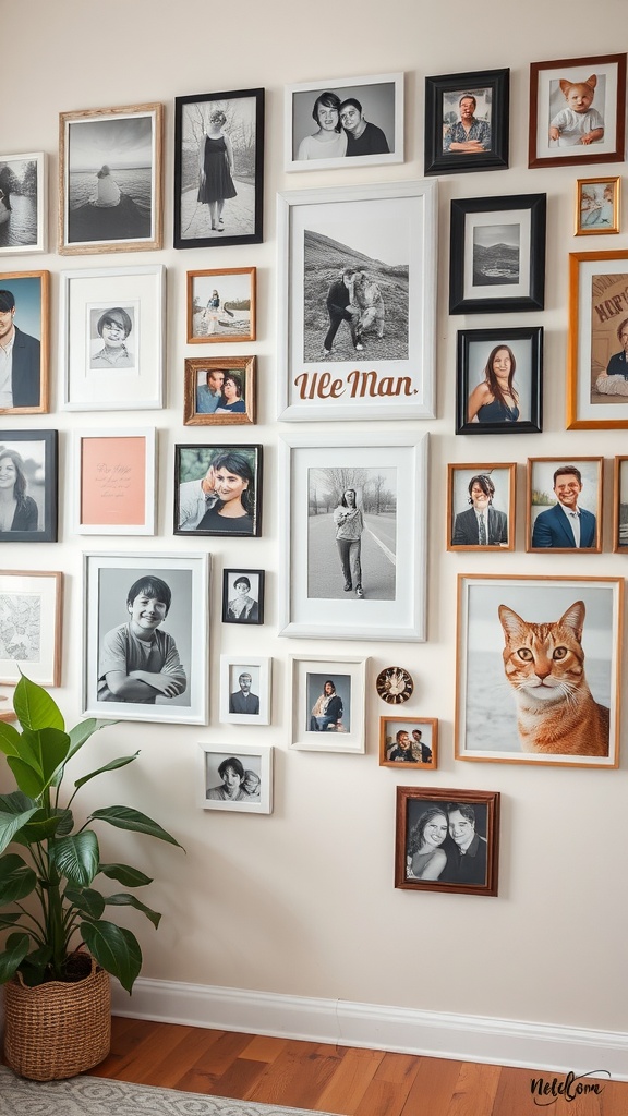 Gallery wall featuring a mix of personal photos and art pieces in various frames.