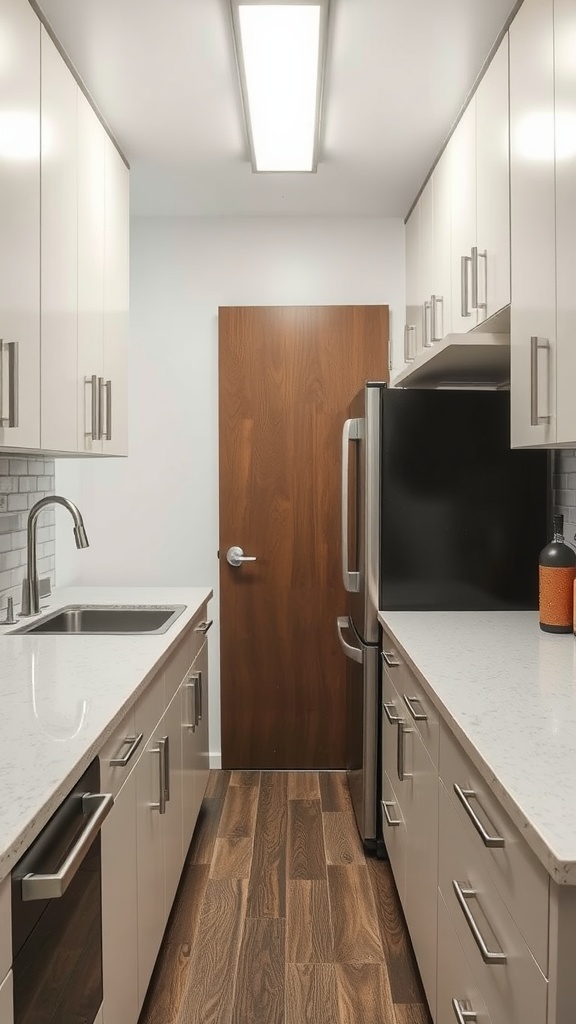 A modern galley kitchen with sleek cabinets and a clean layout.