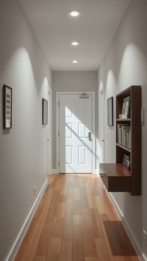 A modern hall interior featuring a sleek design with wooden flooring and a small shelf.