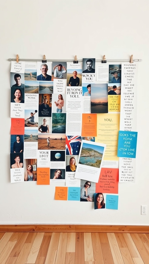A colorful vision board filled with images and motivational quotes, hanging on a wall.