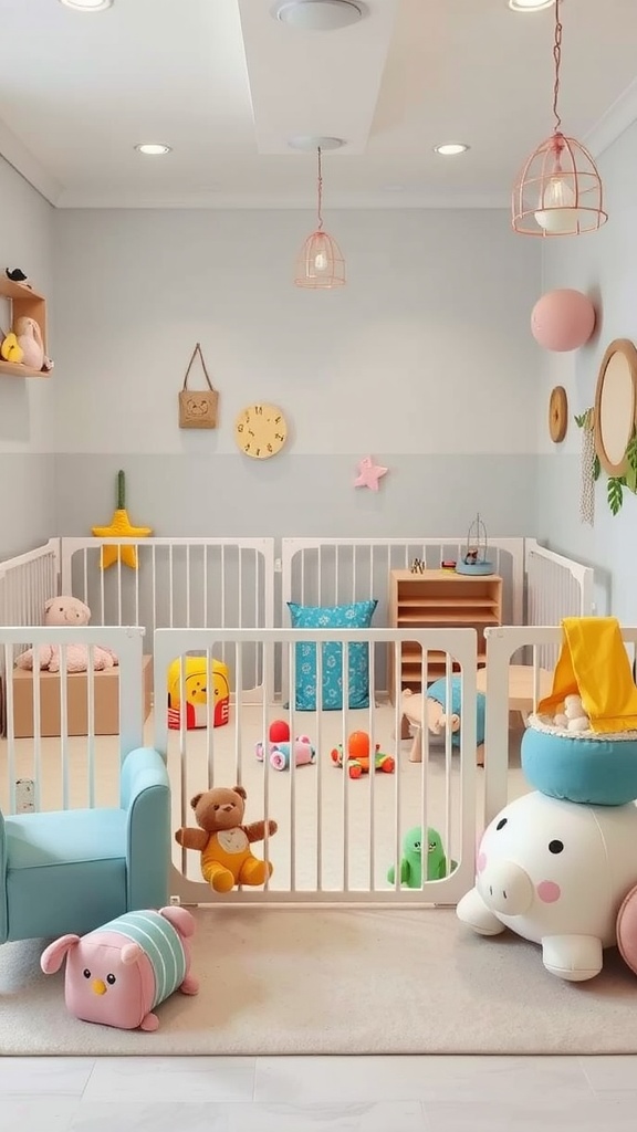 Bright and playful baby play area with soft toys and safe furniture.