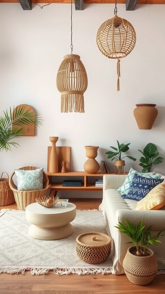 A cozy boho-inspired living room with natural materials and vibrant decor.