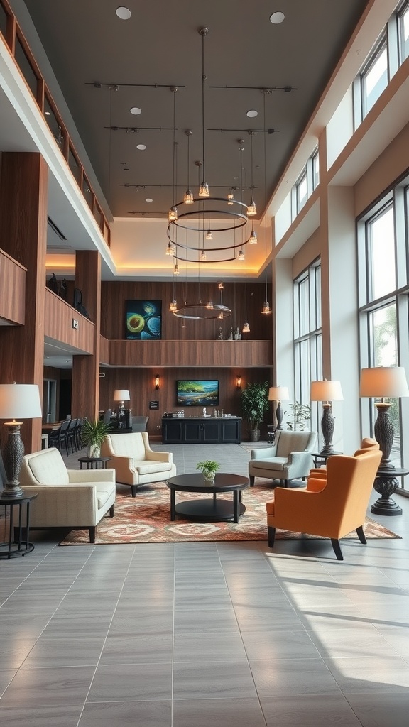 Lobby interior design featuring comfortable seating, warm lighting, and decorative elements.