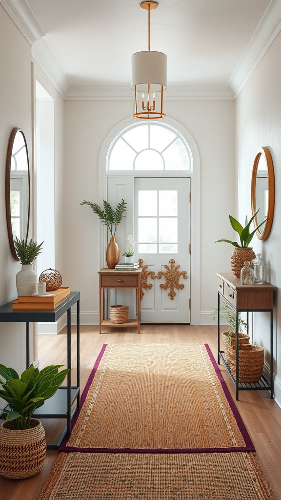 A bright and welcoming entryway with a console table, plants, and a rug.
