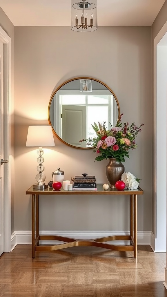 A stylish foyer with a console table, flowers, and decorative items.
