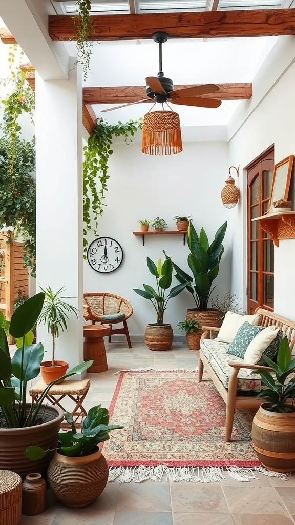 A bright and inviting boho-style indoor space with plants and natural decor
