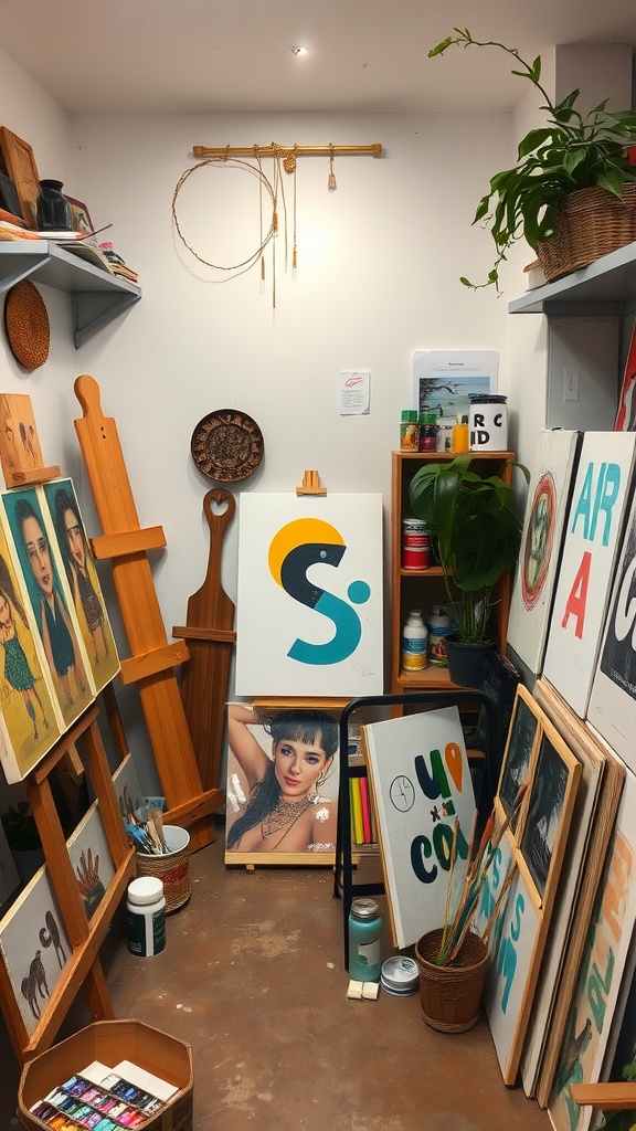 An art corner with various artworks, easels, and plants.