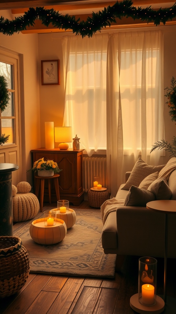 Cozy interior with soft lighting, candles, and natural elements.
