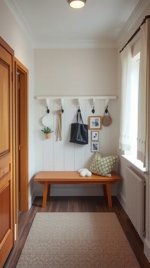 A cozy entryway with a wooden bench, hooks for bags, and a decorative rug.