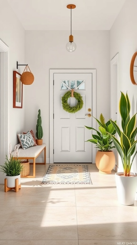 A bright and welcoming entryway featuring plants, a bench, and decorative elements.