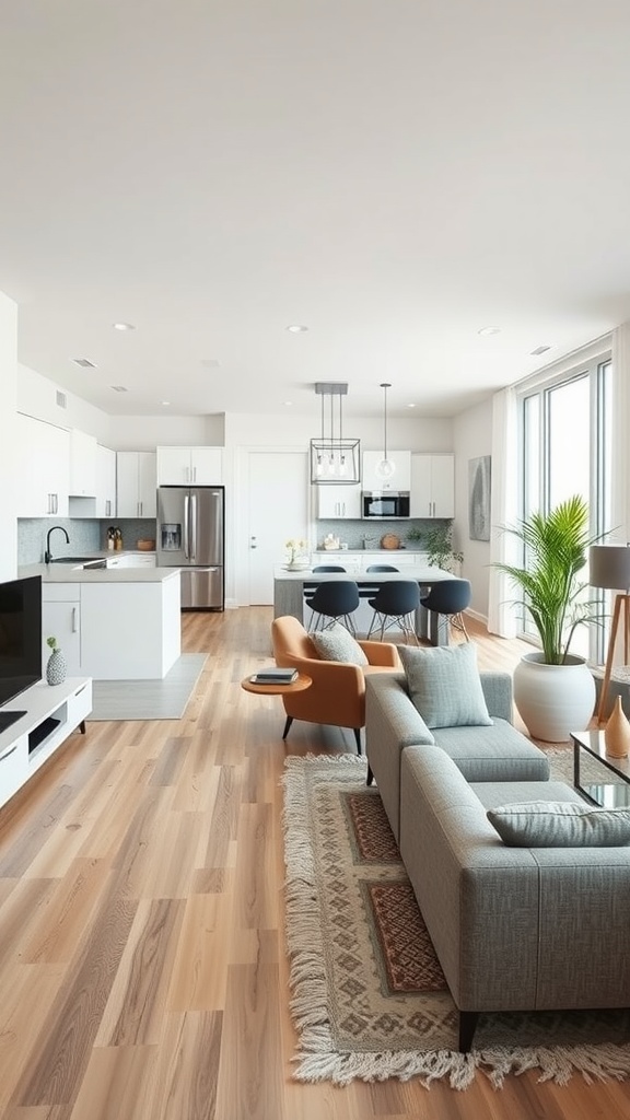 A spacious and modern condo interior featuring an open-concept living area.